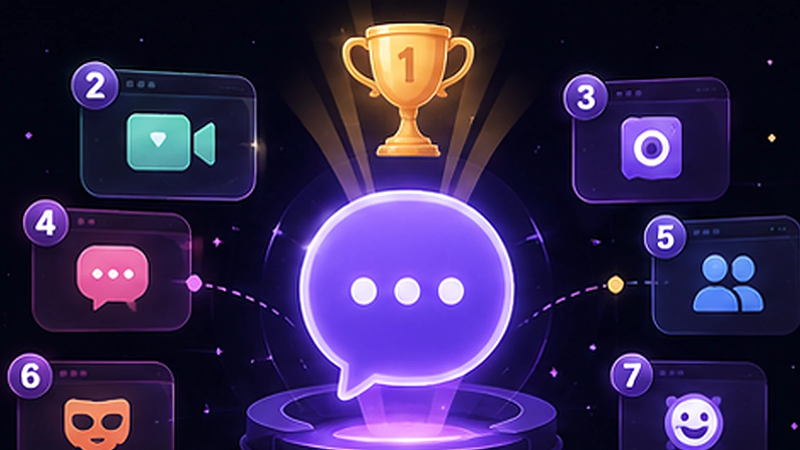 Illustration of a ranked list of Omegle alternatives, with a first-place trophy shining above a glowing chat bubble surrounded by numbered platform cards