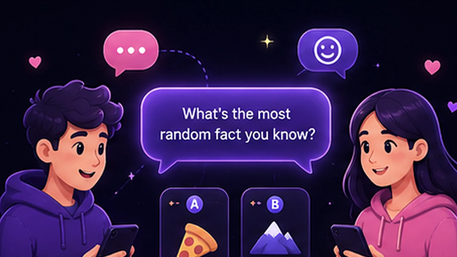 Illustration of two people smiling at their phones while exchanging a fun conversation opener in a random text chat