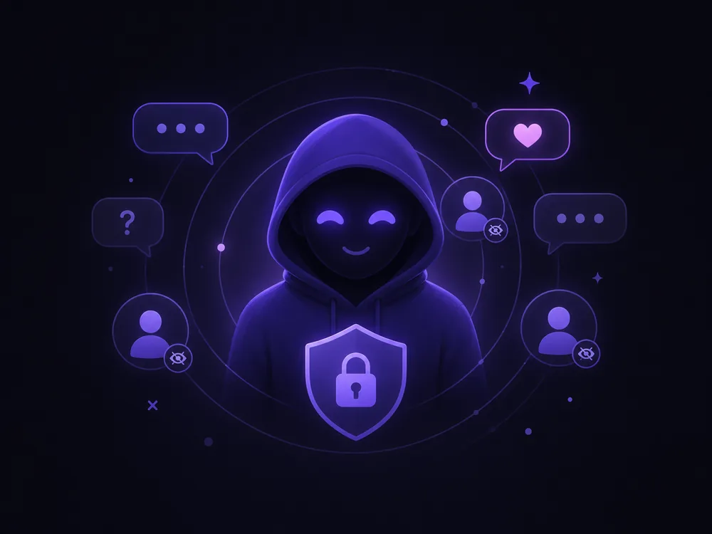 An anonymous hooded person chatting privately behind a lock shield
