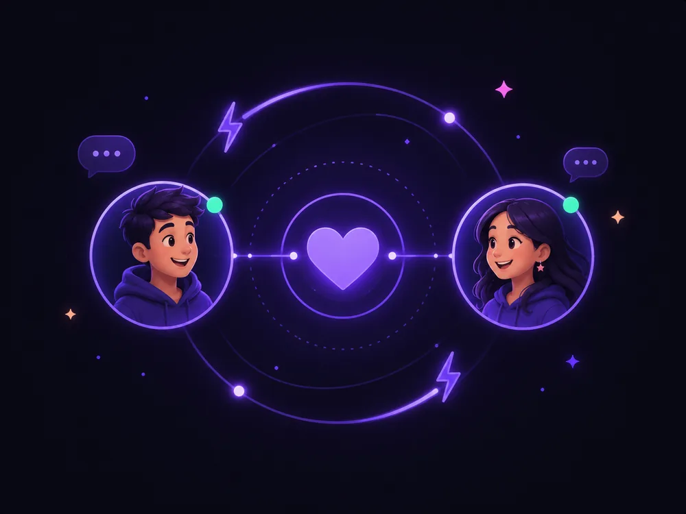Two people matched for a random chat, connected by a heart